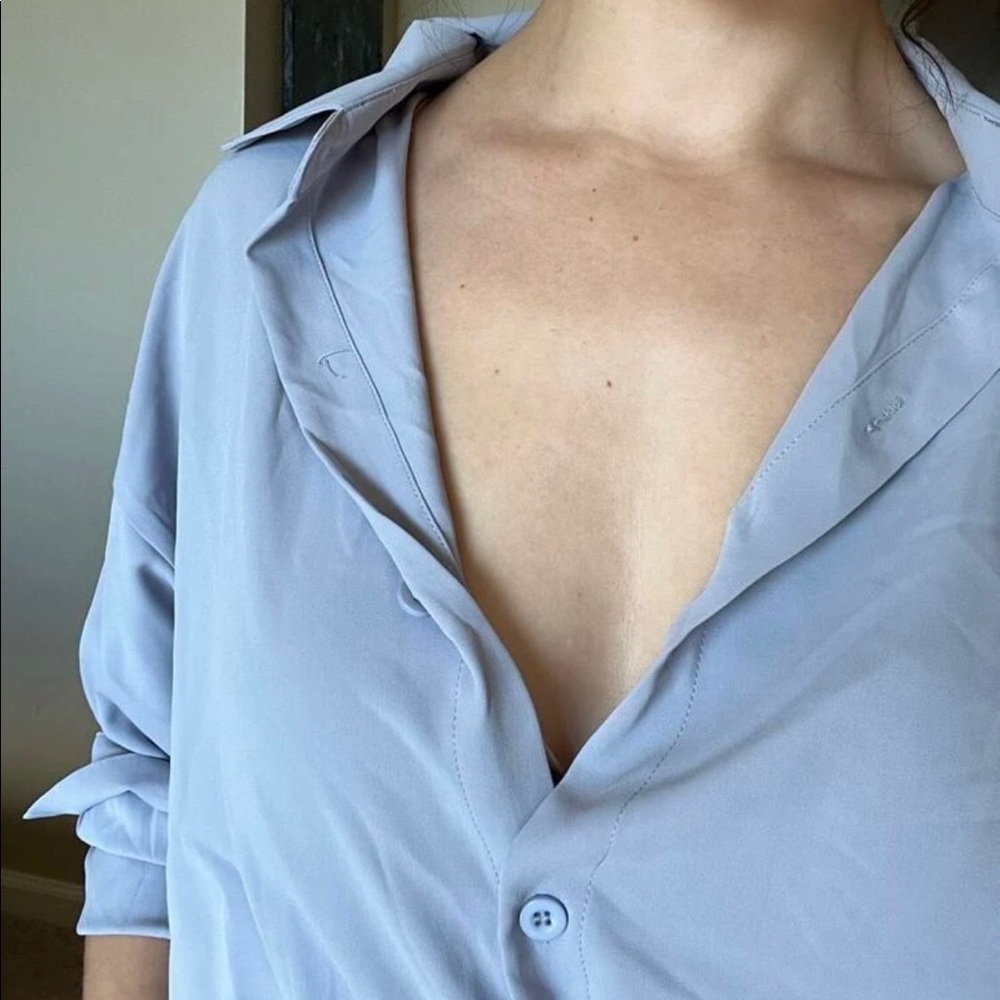 Blouse shirt blue light office casual button collar long sleeve top - Picture 2 of 7